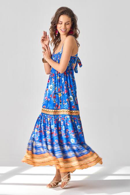 Verb By Pallavi Singhee Blue Voile Scoop Neck Floral Print Maxi Dress Online at Aza Fashions Verb By Pallavi Singhee_Blue Voile Scoop Neck Floral Print Maxi Dress _Online_at_Aza_Fashions