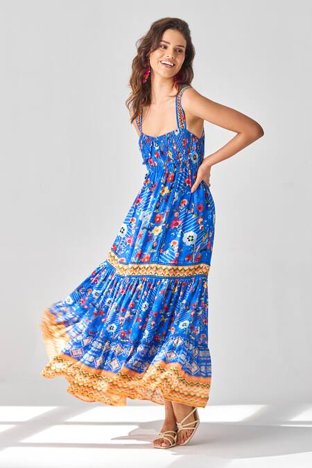 Buy Verb By Pallavi Singhee Blue Voile Scoop Neck Floral Print Maxi Dress Online at Aza Fashions Buy_Verb By Pallavi Singhee_Blue Voile Scoop Neck Floral Print Maxi Dress _Online_at_Aza_Fashions