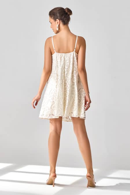 Verb By Pallavi Singhee Embroidered Ivory Spaghetti Strap Dress 