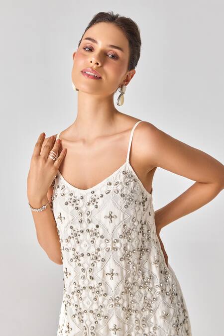 Verb By Pallavi Singhee_Ivory Cotton Beads, Sequins V-neck Embroidered Spaghetti Strap Dress _Online_at_Aza_Fashions