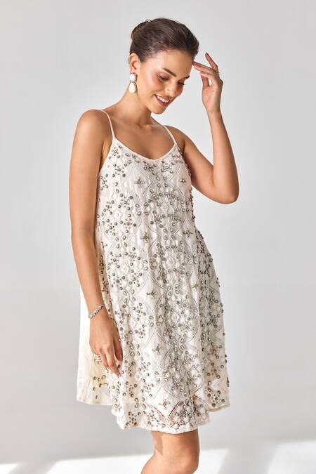 Buy_Verb By Pallavi Singhee_Ivory Cotton Beads, Sequins V-neck Embroidered Spaghetti Strap Dress _Online_at_Aza_Fashions