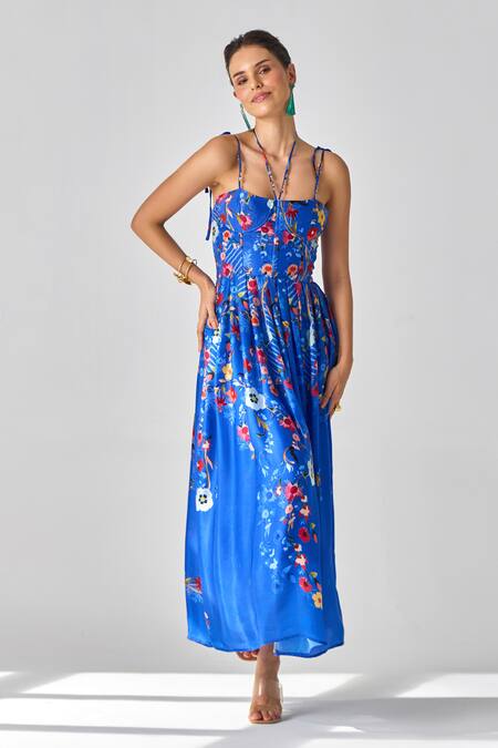 Verb By Pallavi Singhee_Blue Satin Embroidery Open Neck Floral Maxi Dress _Online_at_Aza_Fashions