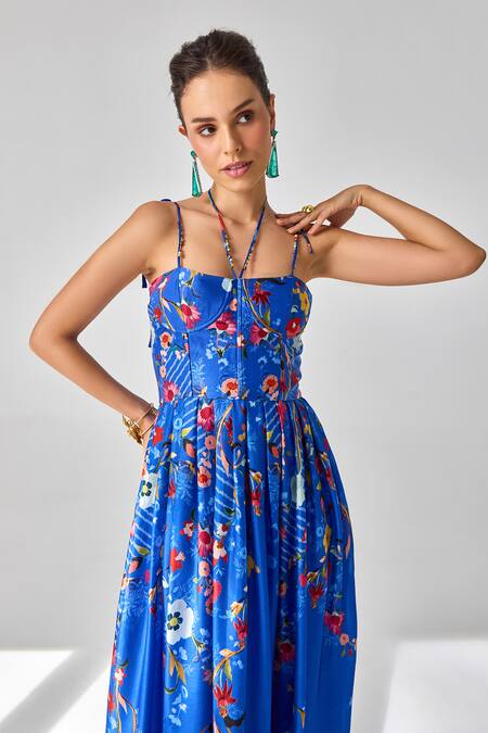 Buy_Verb By Pallavi Singhee_Blue Satin Embroidery Open Neck Floral Maxi Dress _Online_at_Aza_Fashions