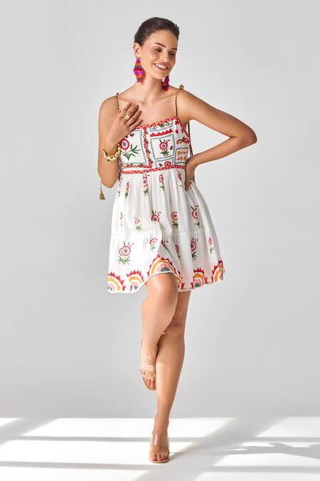 Verb By Pallavi Singhee_Ivory Voile Embroidery Open Neck Short Dress _Online_at_Aza_Fashions