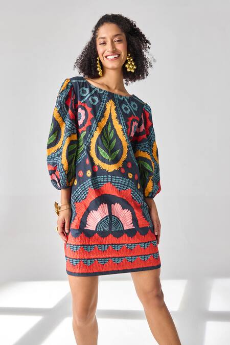 Verb By Pallavi Singhee Black Cotton Round Neck Floral Print Designer Short Dress Online at Aza Fashions Verb By Pallavi Singhee_Black Cotton Round Neck Floral Print Designer Short Dress _Online_at_Aza_Fashions