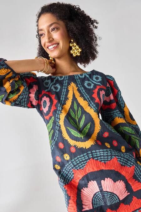 Buy Verb By Pallavi Singhee Black Cotton Round Neck Floral Print Designer Short Dress Online at Aza Fashions Buy_Verb By Pallavi Singhee_Black Cotton Round Neck Floral Print Designer Short Dress _Online_at_Aza_Fashions