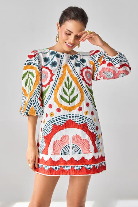 Verb By Pallavi Singhee_Ivory Cotton Embroidery Round Neck Short Dress _Online_at_Aza_Fashions