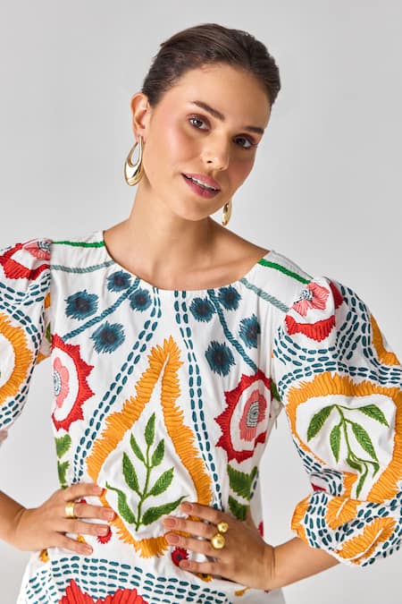 Buy_Verb By Pallavi Singhee_Ivory Cotton Embroidery Round Neck Short Dress _Online_at_Aza_Fashions