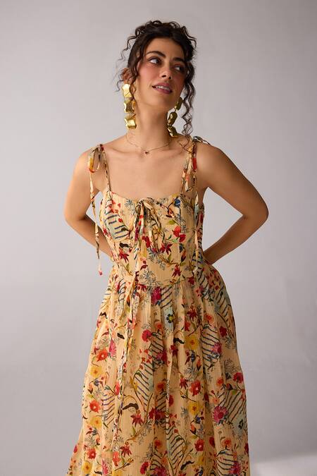 Verb By Pallavi Singhee Beige Chiffon Square Neck Floral Print Maxi Dress Online at Aza Fashions Verb By Pallavi Singhee_Beige Chiffon Square Neck Floral Print Maxi Dress _Online_at_Aza_Fashions