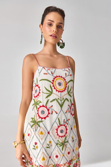 Verb By Pallavi Singhee_Ivory Cotton Embroidery Round Neck Short Dress _Online_at_Aza_Fashions