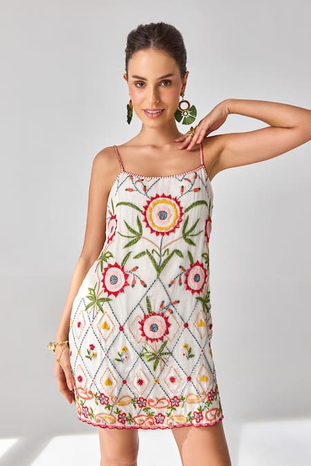 Buy_Verb By Pallavi Singhee_Ivory Cotton Embroidery Round Neck Short Dress _Online_at_Aza_Fashions