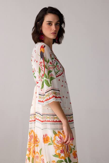 Verb By Pallavi Singhee_Ivory Viscose, Georgette Embroidery V-neck Floral Maxi Dress _Online_at_Aza_Fashions