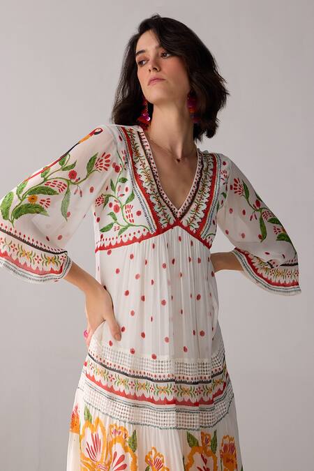 Buy_Verb By Pallavi Singhee_Ivory Viscose, Georgette Embroidery V-neck Floral Maxi Dress _Online_at_Aza_Fashions