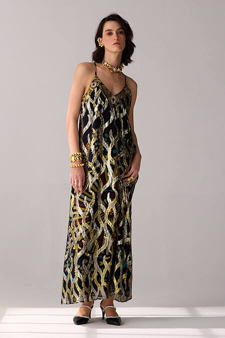 Verb By Pallavi Singhee_Black Viscose, Georgette Designer Maxi Dress With Lurex Embellishments _Online_at_Aza_Fashions