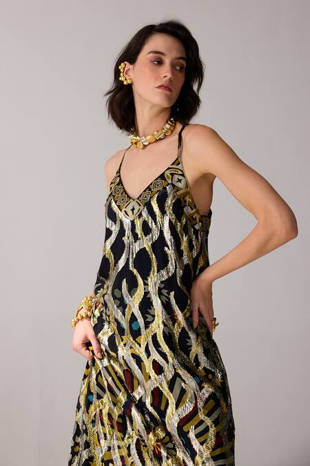 Buy_Verb By Pallavi Singhee_Black Viscose, Georgette Designer Maxi Dress With Lurex Embellishments _Online_at_Aza_Fashions