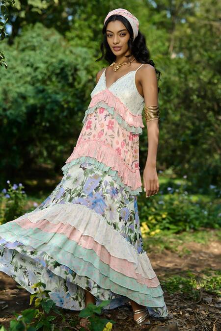 Verb By Pallavi Singhee_Multi Color Viscose, Georgette V-neck Tiered Maxi Dress _Online_at_Aza_Fashions
