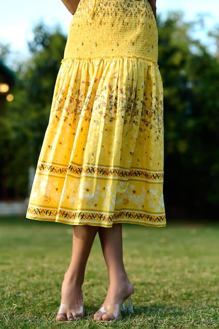 Verb By Pallavi Singhee_Yellow Cotton Embroidery Square Neck Floral Midi Dress _Online_at_Aza_Fashions