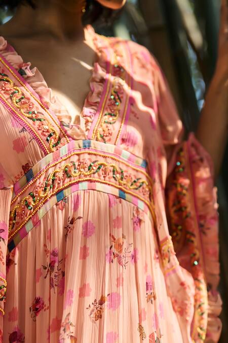 Verb By Pallavi Singhee_Peach Viscose, Georgette Embroidery V-neck Floral Midi Dress _Online_at_Aza_Fashions