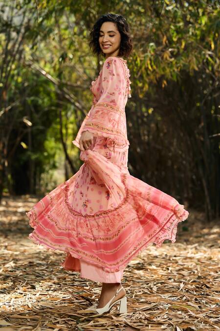 Buy_Verb By Pallavi Singhee_Peach Viscose, Georgette Embroidery V-neck Floral Midi Dress _Online_at_Aza_Fashions