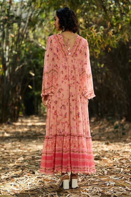 Verb By Pallavi Singhee Floral Embroidered Peach Midi Dress 