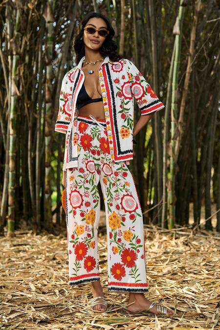 Shop_Verb By Pallavi Singhee_Ivory Cotton Embroidery Collared Floral Designer Shirt _Online_at_Aza_Fashions