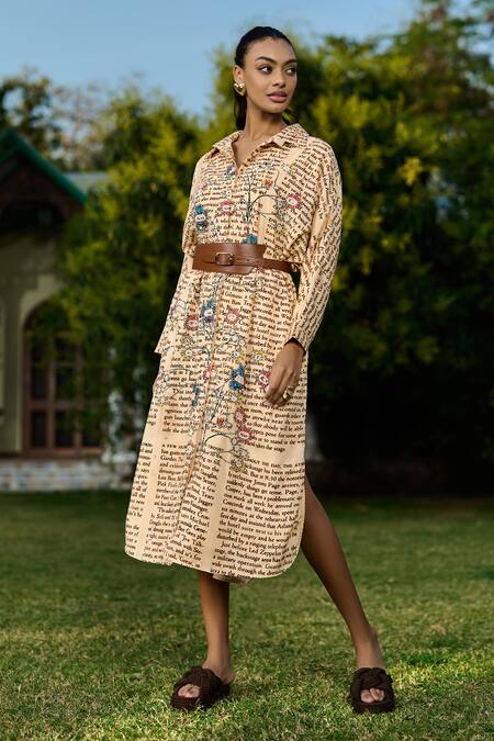 Verb By Pallavi Singhee_Beige Rayon Embroidery Collared Text Print Shirt Dress _Online_at_Aza_Fashions