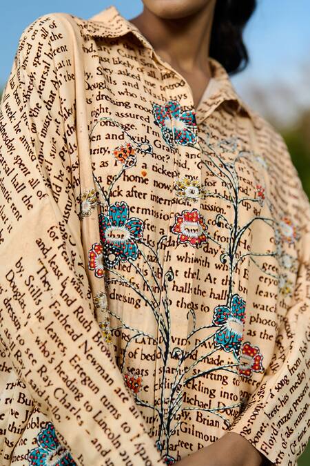 Buy_Verb By Pallavi Singhee_Beige Rayon Embroidery Collared Text Print Shirt Dress _Online_at_Aza_Fashions