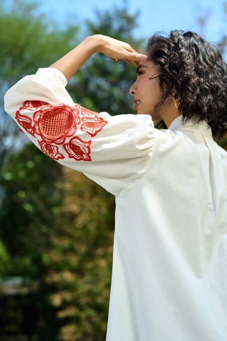 Verb By Pallavi Singhee_Ivory Cotton Embroidery Collared Shirt Dress _Online_at_Aza_Fashions