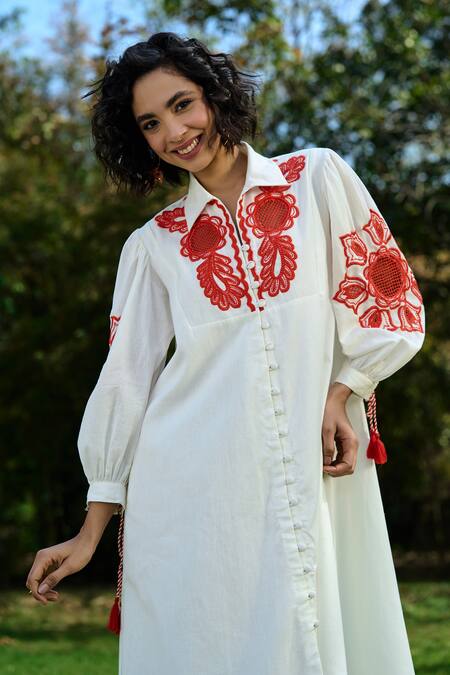 Buy_Verb By Pallavi Singhee_Ivory Cotton Embroidery Collared Shirt Dress _Online_at_Aza_Fashions