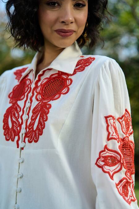 Shop_Verb By Pallavi Singhee_Ivory Cotton Embroidery Collared Shirt Dress _Online_at_Aza_Fashions