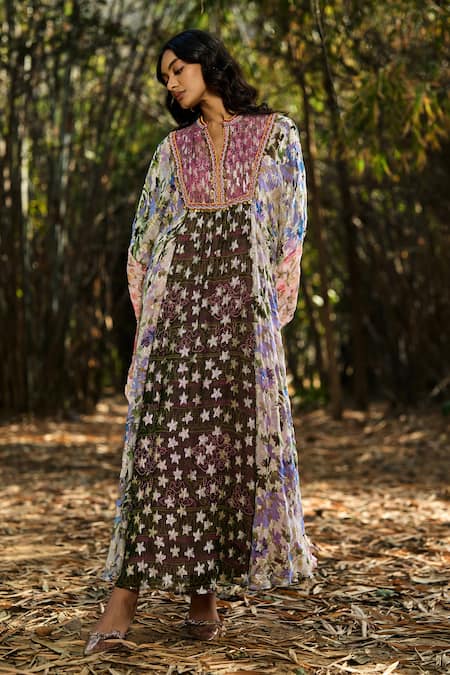 Buy_Verb By Pallavi Singhee_Multi Color Viscose Georgette, Lurex Embroidery Split Floral Pattern Kaftan _Online_at_Aza_Fashions