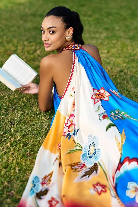 Verb By Pallavi Singhee_Multi Color Satin Embroidery Halter Neck Midi Dress _Online_at_Aza_Fashions