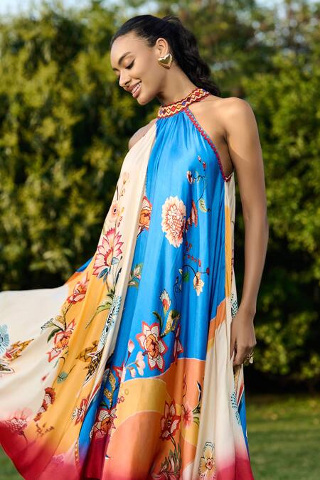 Buy_Verb By Pallavi Singhee_Multi Color Satin Embroidery Halter Neck Midi Dress _Online_at_Aza_Fashions
