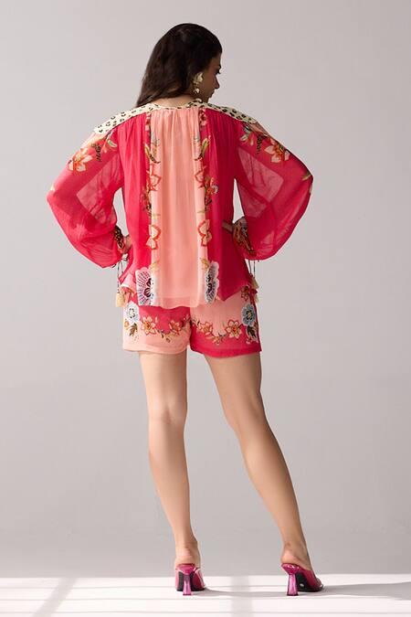 Shop Verb By Pallavi Singhee Peach Viscose, Georgette Tassels, Embroidery Floral Print Top And Short Set at Aza Fashions Shop_Verb By Pallavi Singhee_Peach Viscose, Georgette Tassels, Embroidery Floral Print Top And Short Set_at_Aza_Fashions