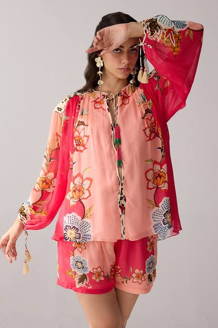 Verb By Pallavi Singhee Peach Viscose, Georgette Tassels, Embroidery Floral Print Top And Short Set Online at Aza Fashions Verb By Pallavi Singhee_Peach Viscose, Georgette Tassels, Embroidery Floral Print Top And Short Set_Online_at_Aza_Fashions
