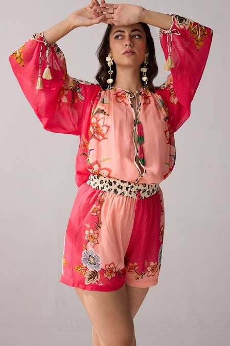 Buy Verb By Pallavi Singhee Peach Viscose, Georgette Tassels, Embroidery Floral Print Top And Short Set Online at Aza Fashions Buy_Verb By Pallavi Singhee_Peach Viscose, Georgette Tassels, Embroidery Floral Print Top And Short Set_Online_at_Aza_Fashions