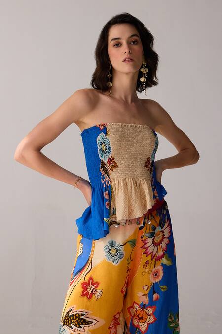 Buy_Verb By Pallavi Singhee_Beige Voile Embroidery Round Neck Floral Print And Blue Pant Set _Online_at_Aza_Fashions