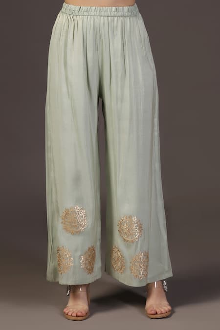 Buy_Two Sisters By Gyans_Green Tissue Embroidery, Zari Kurta Set With Potli Bag _Online_at_Aza_Fashions