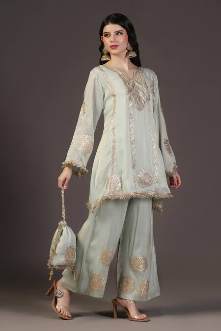 Shop_Two Sisters By Gyans_Green Tissue Embroidery, Zari Kurta Set With Potli Bag _Online_at_Aza_Fashions