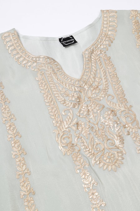 Two Sisters By Gyans_Green Tissue Embroidery, Zari Kurta Set With Potli Bag _at_Aza_Fashions