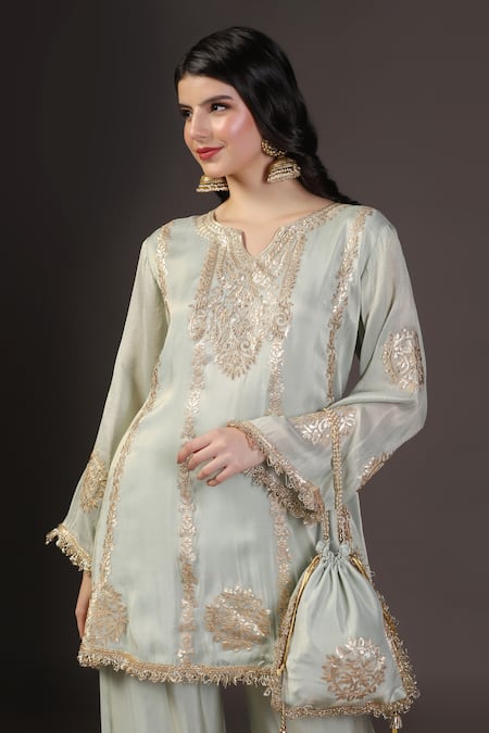 Buy_Two Sisters By Gyans_Green Tissue Embroidery, Zari Kurta Set With Potli Bag 