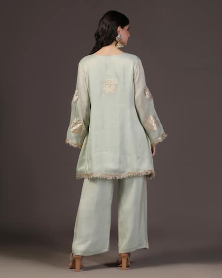 Shop_Two Sisters By Gyans_Green Tissue Embroidery, Zari Kurta Set With Potli Bag _at_Aza_Fashions