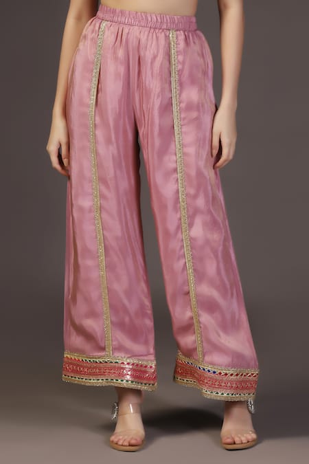 Buy_Two Sisters By Gyans_Pink Tissue Mirrors, Embroidery, Zari Round Neck Kurta Set With Potli Bag _Online_at_Aza_Fashions