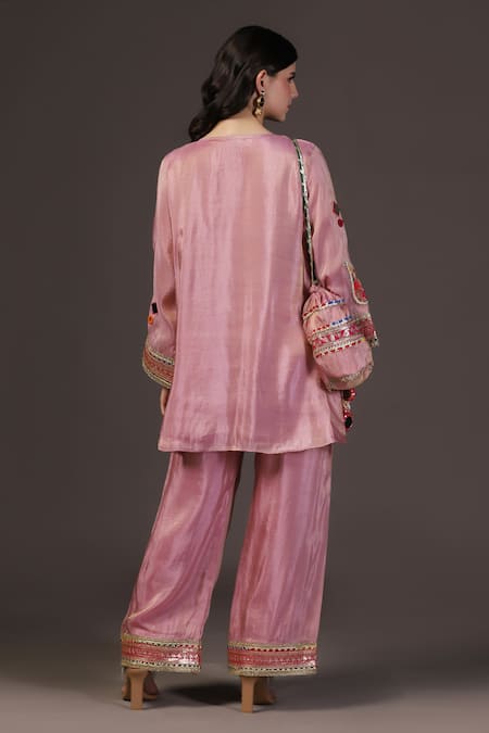 Shop_Two Sisters By Gyans_Pink Tissue Mirrors, Embroidery, Zari Round Neck Kurta Set With Potli Bag _at_Aza_Fashions