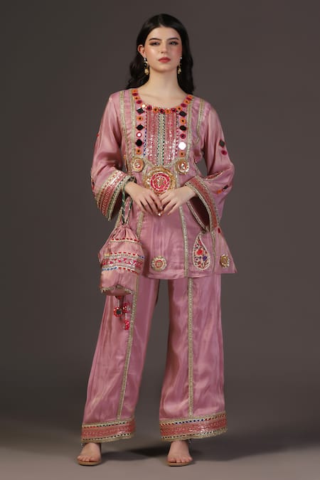 Shop_Two Sisters By Gyans_Pink Tissue Mirrors, Embroidery, Zari Round Neck Kurta Set With Potli Bag _Online_at_Aza_Fashions