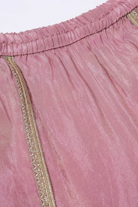 Two Sisters By Gyans_Pink Tissue Mirrors, Embroidery, Zari Round Neck Kurta Set With Potli Bag _at_Aza_Fashions