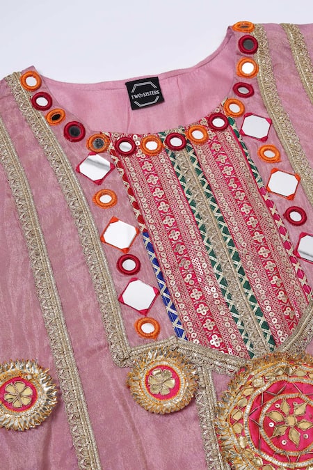 Buy_Two Sisters By Gyans_Pink Tissue Mirrors, Embroidery, Zari Round Neck Kurta Set With Potli Bag 