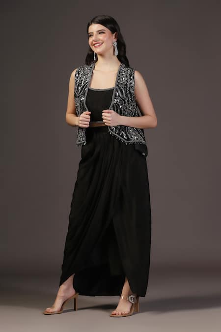 Two Sisters By Gyans_Black Georgette Round Neck Cape Set _at_Aza_Fashions