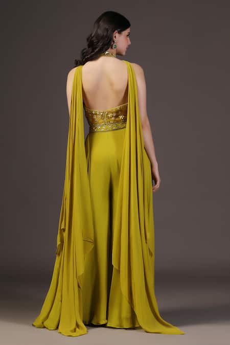 Shop_Two Sisters By Gyans_Green Georgette, Crepe, Net Sequins, Embroidery Halter Neck Sharara Set _at_Aza_Fashions