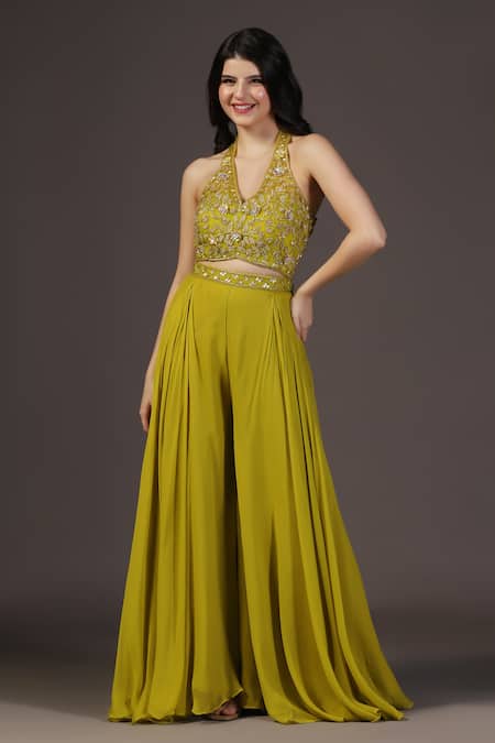 Two Sisters By Gyans_Green Georgette, Crepe, Net Sequins, Embroidery Halter Neck Sharara Set _Online_at_Aza_Fashions